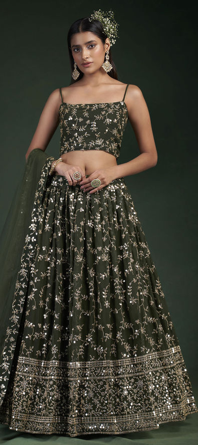Georgette Reception Lehenga in Green with Thread work-1831863