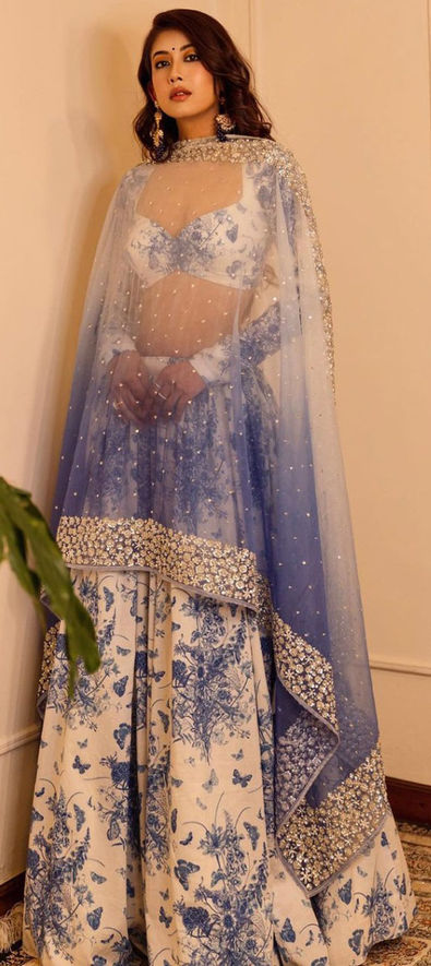 Georgette Festive Lehenga in Blue and white-and-off white with Printed work-1833012