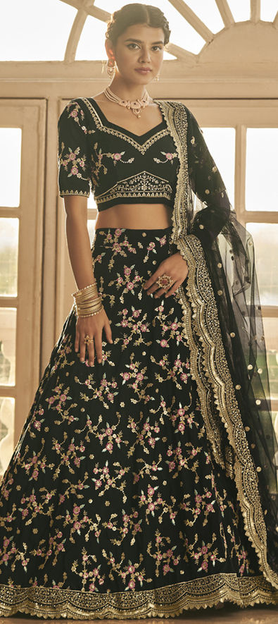 Silk Festive Lehenga in Black and Grey with Embroidered work-1846675