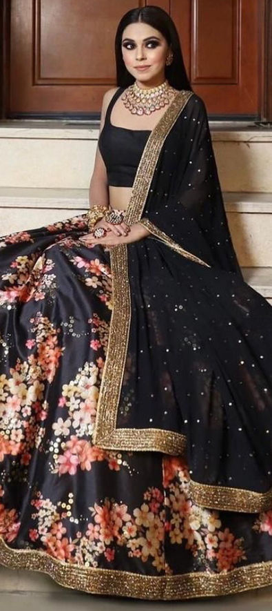 Satin Silk Reception Lehenga in Black and Grey with Floral work-1860294